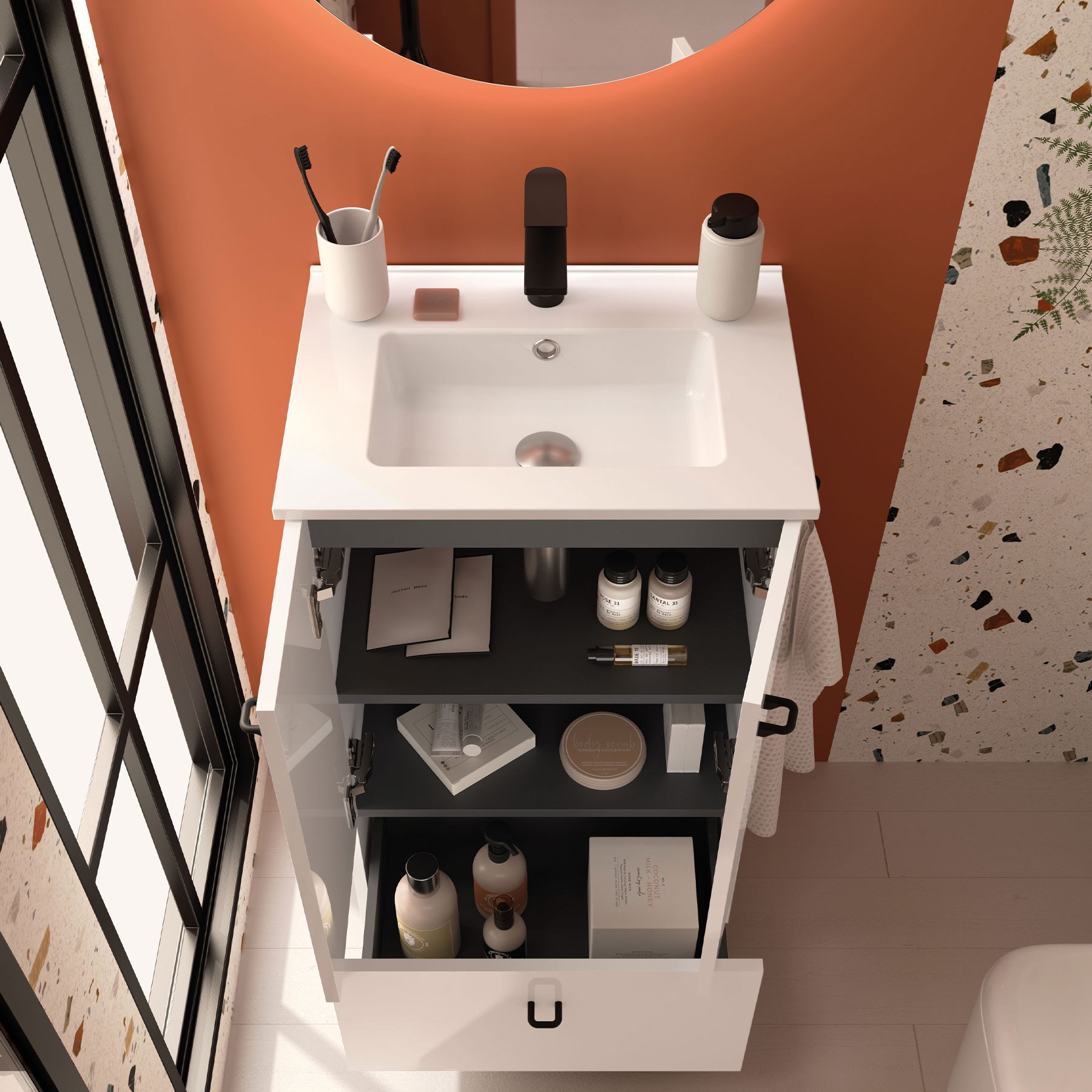 Inara 500 | Conjunto Móvel 2 portas e 1 gaveta Branco Brilho + Lavatório 113718 - Image 2