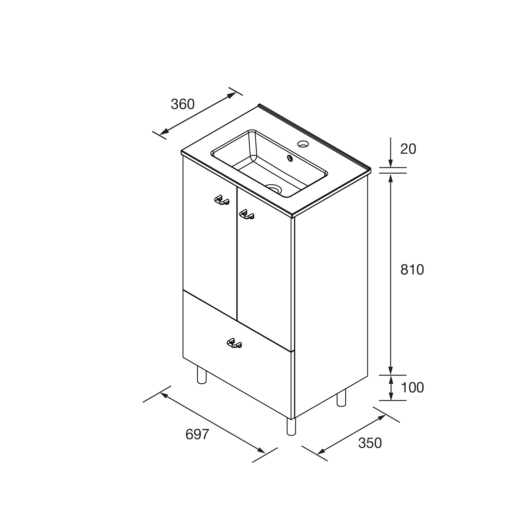 Inara 500 | Conjunto Móvel 2 portas e 1 gaveta Branco Brilho + Lavatório 113718 - Image 4