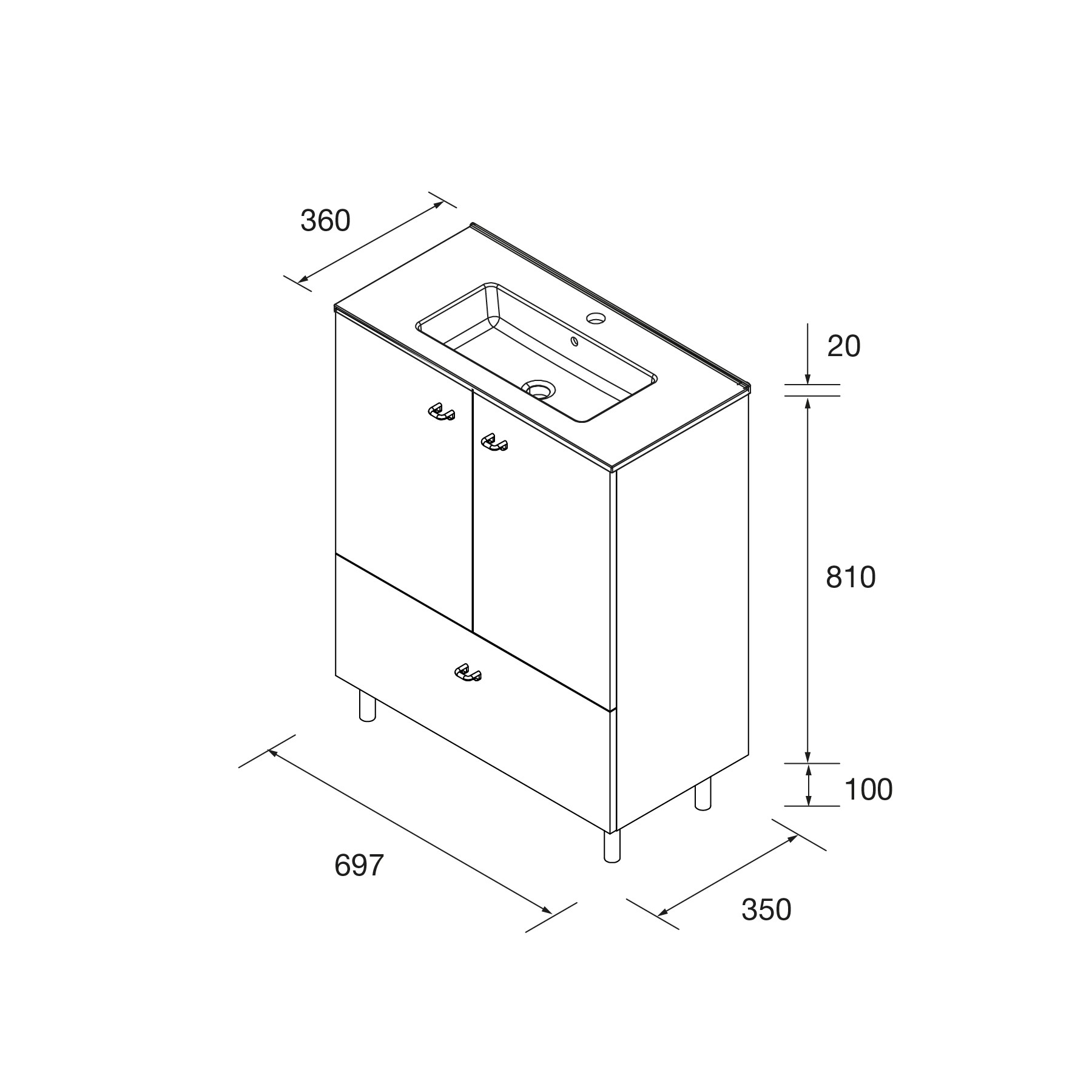 Inara 700 | Conjunto Móvel 2 portas e 1 gaveta Branco Brilho + Lavatório 113722 - Image 3